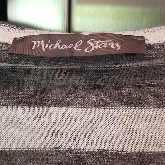 💕MICHAEL STARS💕 Linen-Knit Stripe-Hooded Pullover Grey White Striped Pattern - Picture 9 of 9